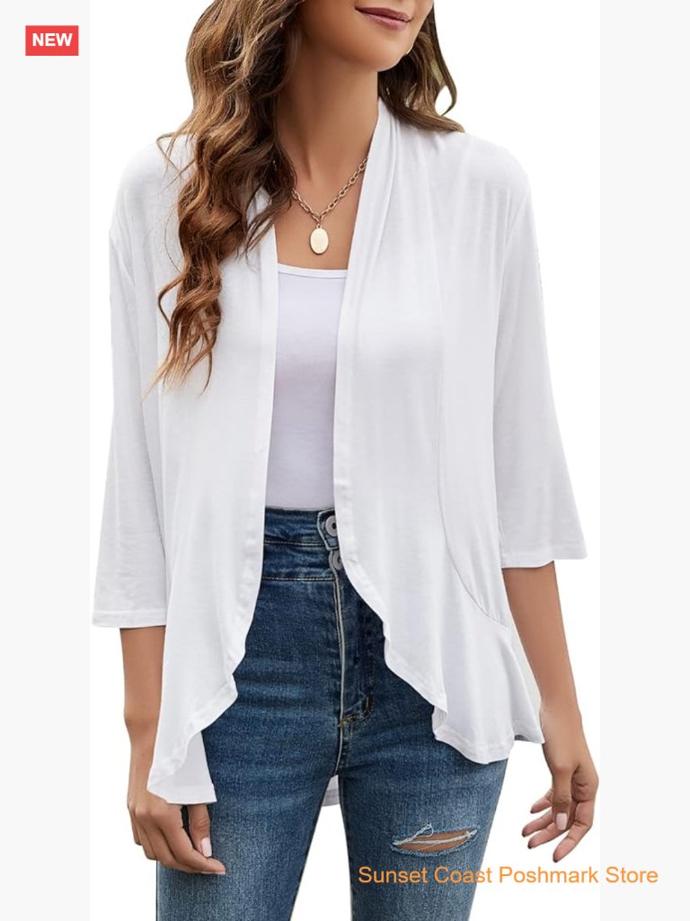 Open Front Lightweight Knit Cardigan 3/4 Sleeve Draped Ruffles